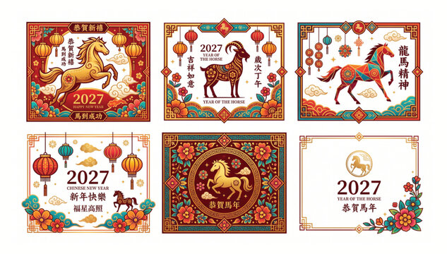 Decorative chinese new year 2027 year of the horse and goat greeting cards and graphics with celebration traditional prosperity horoscope festival ornament background template illustration