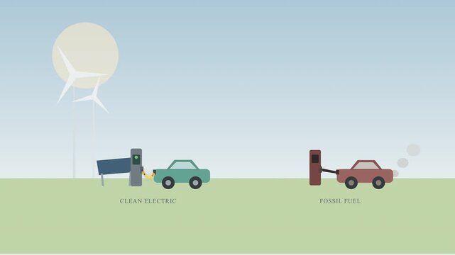 Green energy electric car charging versus polluting fossil fuel car refueling, wind turbines background