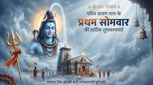First Sawan Somvar Greeting Banner with Lord Shiva Temple Illustration for Hindu Festival Social Media Design