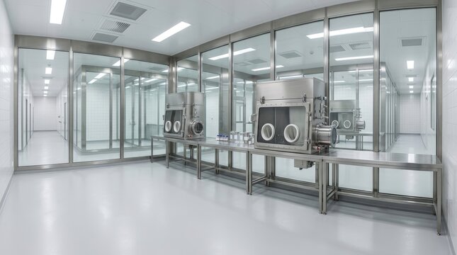 Modern containment laboratory with glass walls and stainless steel workstations