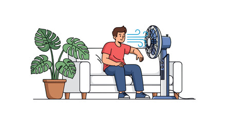Man cooling down with electric fan on living room sofa. © Aku
