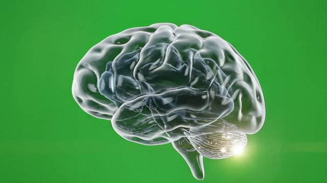 Detailed anatomical rendering of the human brain shown in transparent blue on a solid green background