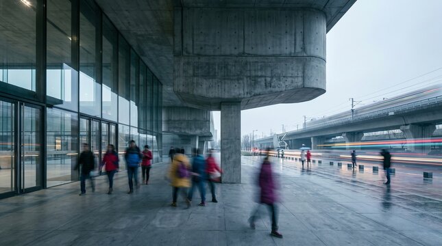 Commuters Moving Through Modern Train Station Platform