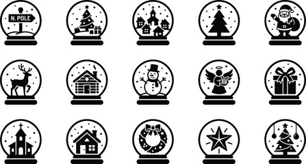 Set of black and white christmas snow globe icons with holiday symbols like santa claus snowman tree gift and reindeer © VECTOR Files