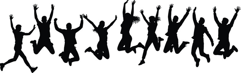A group of black silhouettes of people jumping with arms raised, representing joy, success, celebration, and freedom, isolated on white background
