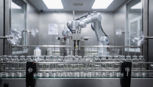 Medium shot of a sterile vial filling line inside an aseptic isolator showcasing meticulous preparation of smallbatch injectable vials with precision and care.