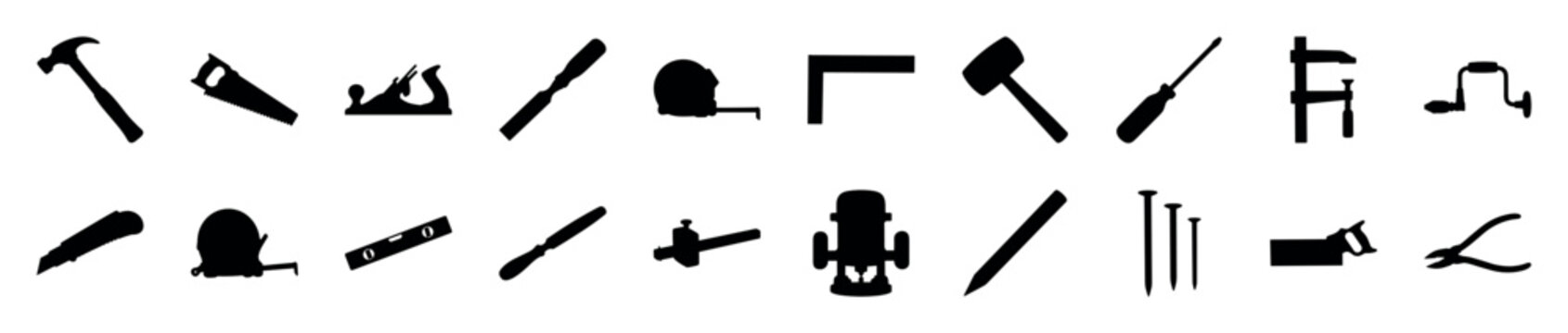 Large collection of black silhouette carpentry and woodworking tools arranged in rows, including a hammer, saw, plane, chisel, tape measure, clamp, and router icons