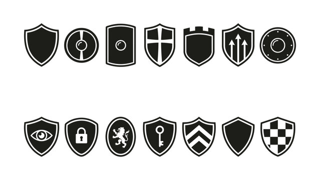 Black and white shield icons with various symbols on transparent background
