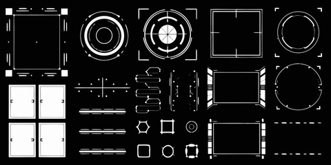 futuristic frames and shapes line art on black background geometric circle square rectangle oval crosshair grid pattern element technology science fiction © Milon