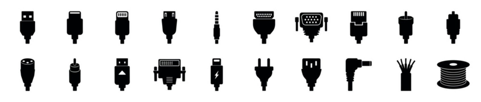 Large collection of black cable connector icons showing various types of USB, audio, video, and power plugs arranged in a neat grid for technology and electronics concepts