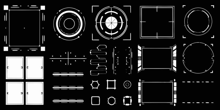 futuristic frames and shapes line art on black background geometric circle square rectangle oval crosshair grid pattern element technology science fiction