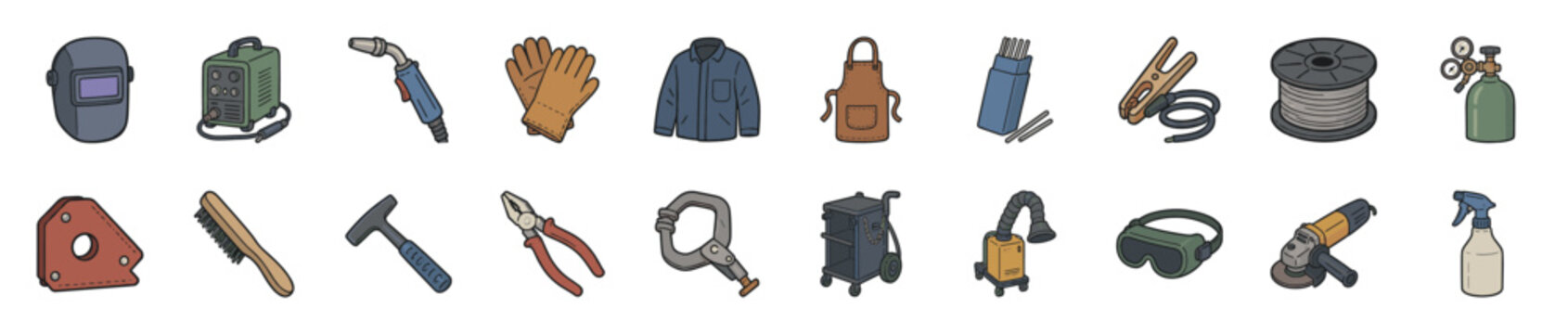 Collection of colorful cartoon welding tools and safety equipment including a mask, gloves, torch, and grinder, arranged neatly in two rows in a hand-drawn illustrative style