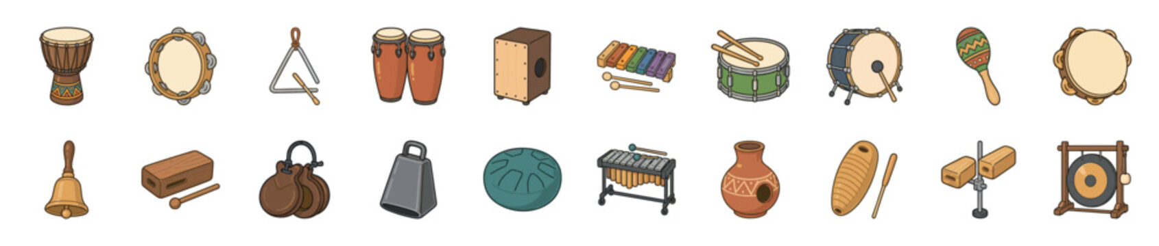 Large collection of colorful percussion instruments including drums, tambourines, and a xylophone, illustrated in a cute cartoon style for music education or rhythmic concepts