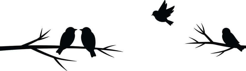 Fototapeta premium Silhouette of birds perched on tree branches and one bird flying, black isolated on a white background, nature scene