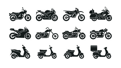 Collection of various motorcycle and scooter silhouettes on white background © rasheda