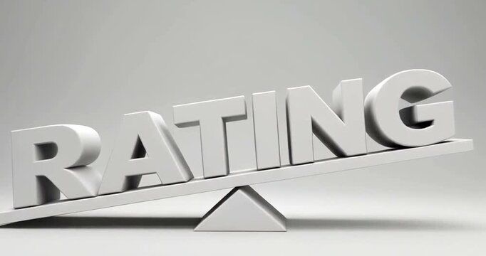 Conceptual 3D rendering of the word RATING balanced precariously on a white seesaw.