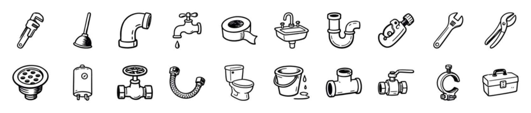 Large set of hand-drawn plumbing icons showing various tools and equipment like a wrench, plunger, faucet, pipe, and toilet in a simple black and white doodle style