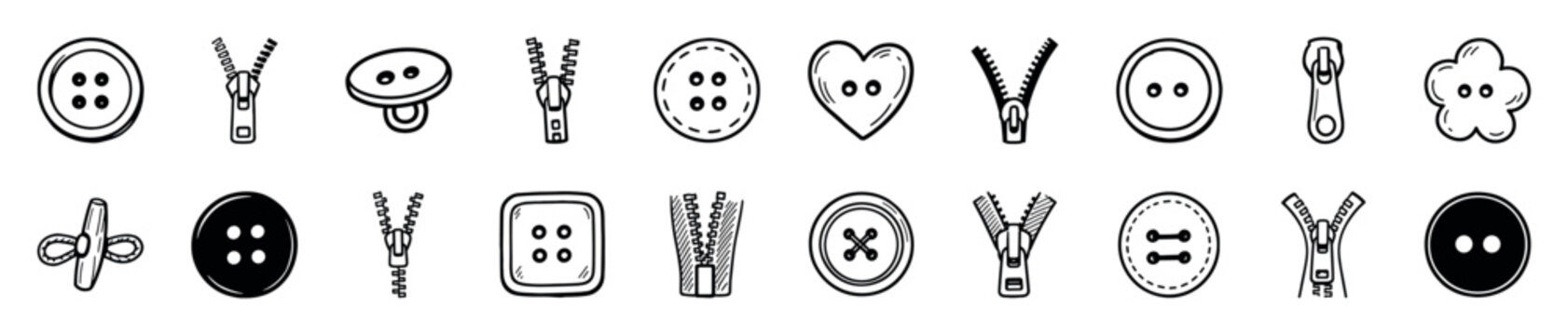 Collection of hand-drawn sewing buttons and zippers in a minimalist black and white doodle style, showing various fastener shapes like round, square, heart, and flower