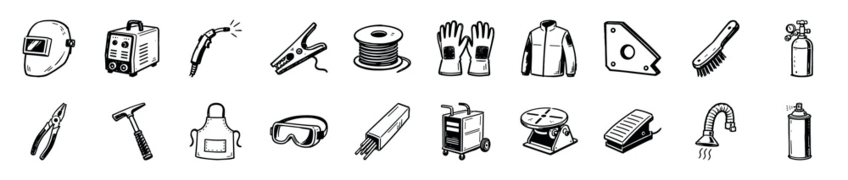 Set of welding equipment icons in a hand-drawn doodle style, showing various tools like a mask, torch, gloves, and machine for metalwork and fabrication concepts
