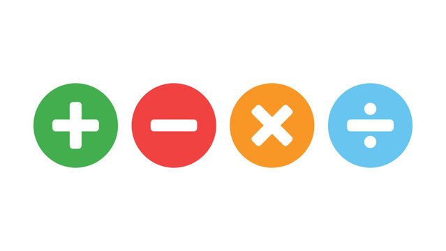 Four basic mathematical operation symbols on colored circles  addition subtraction multiplication division