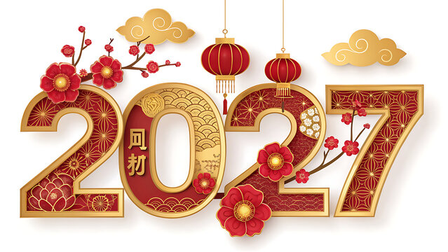 Chinese new year 2027 decoration with red flowers lanterns clouds and gold accents  isolated on white background transparent background
