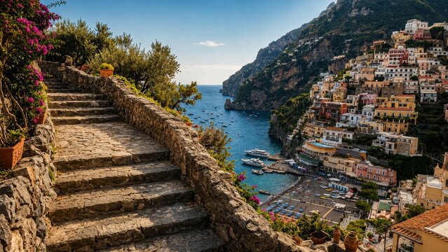 Scenic coastal town view with stone stairs and Mediterranean sea