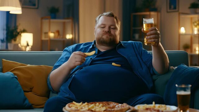 Overweight Man Eating Fast Food on Sofa, represents unhealthy eating habits