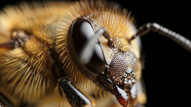 Extreme Close Up Macro Shot of a Honey Bee Insect Head.