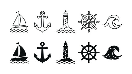 Nautical icons including sailboats anchors lighthouses ship wheels and waves on white background © rasheda