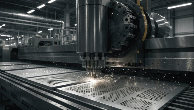 Medium shot of CNC turret punch machine creating intricate ventilation patterns on metal sheets showcasing precise automated hole punching in industrial manufacturing setting.