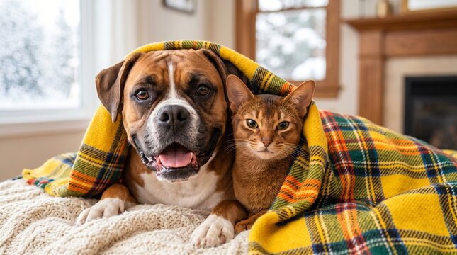  a smiling Boxer and a cute Abyssinian cat snuggled together under a bright yellow tartan winter blanket. 
