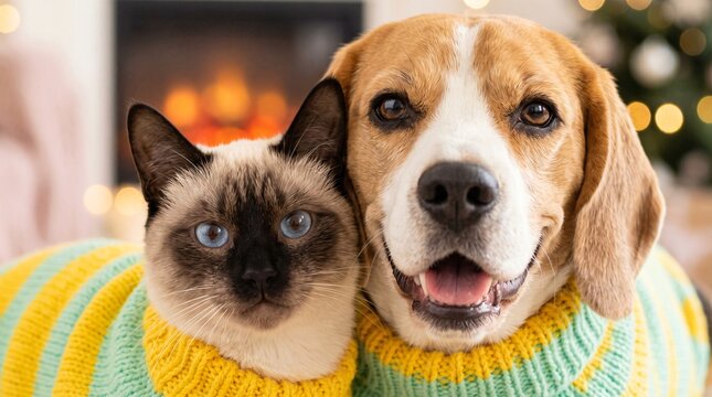 a happy Beagle and a Siamese cat wearing matching bright yellow and mint green winter sweaters.