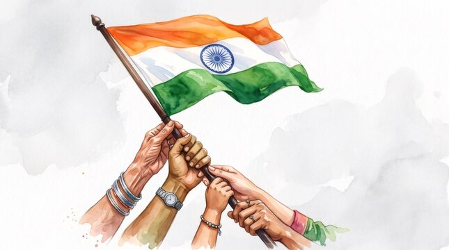 Diverse hands raising Indian national India flag