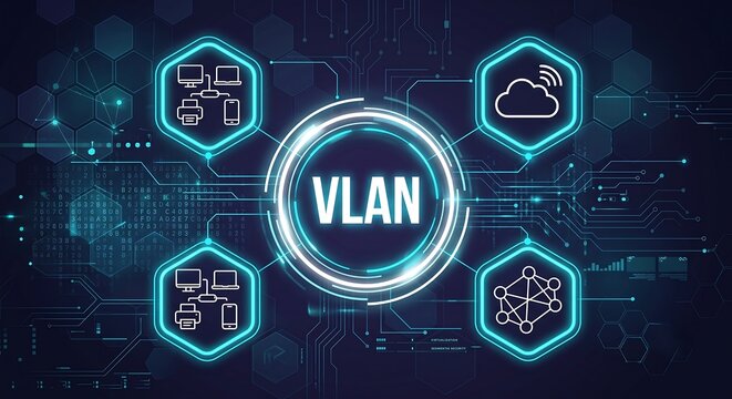 Business person working on virtual touch screen push acronym: VLAN. Virtual Local Area Network (VLAN) Computer Internet Information Technology   vector 