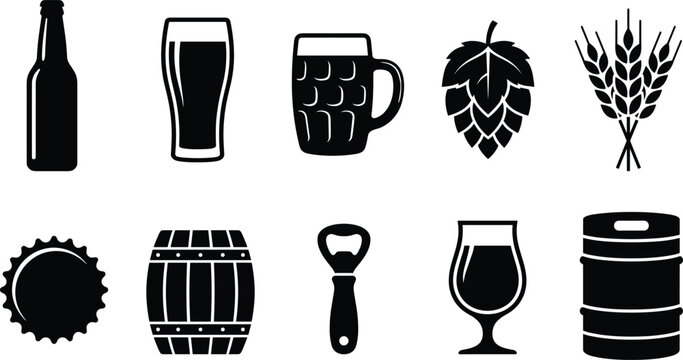 craft beer brewery and pub icon set in solid black silhouette style featuring bottle glass mug hop wheat barrel cap opener and keg

