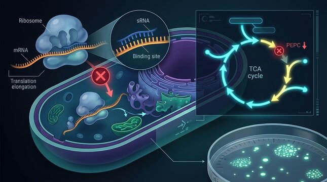A stylized bacterial cell interior shows a small RNA strand binding messenger RNA near a ribosome, blocking phosphoenolpyruvate carboxylase translation while glowing arrows trace TCA-cycle flux