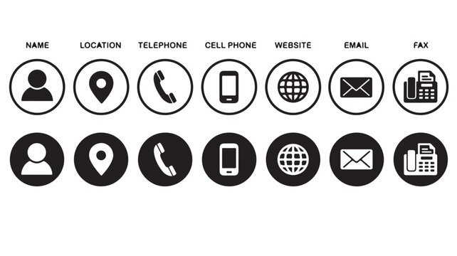 Minimalist business contact icons set, black and white communication symbols for business cards, 14 vector web icons for corporate identity