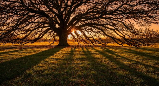Long shadows of an ancient oak tree stretching across a green field under a warm orange sunset sky