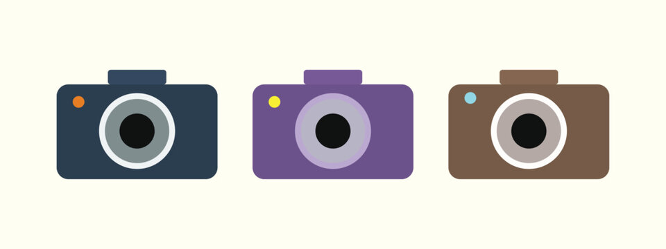 Photography camera icons in dark blue purple and brown colors with lens and flash details.