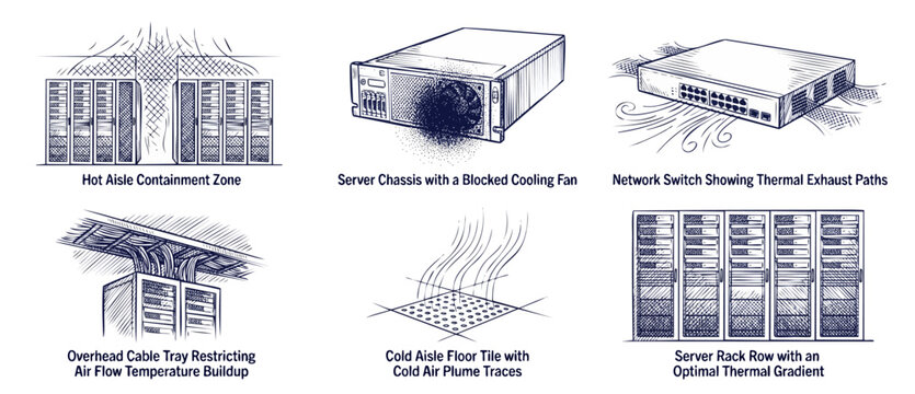 Data center cooling system diagrams showing hot aisle containment, server rack airflow, blocked chassis fan, network switch thermal exhaust, cable tray restriction, and cold aisle floor tile outlines.