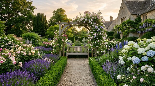 Wooden garden bench under a rose arch in a beautiful blooming flower garden. garten im sommer