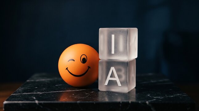 Arranging alphabet cubes and a winking smiley ball on a dark surface in a minimalist studio setting
