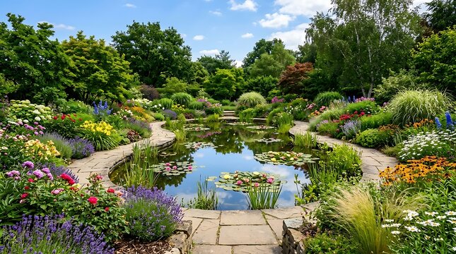 Beautiful lush garden with a peaceful pond and blooming flowers on a sunny summer day. garten im sommer