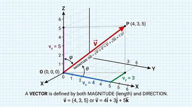 A vector with magnitude and direction defined in a 3D Cartesian coordinate system with x, y, and z axes and labeled point P.