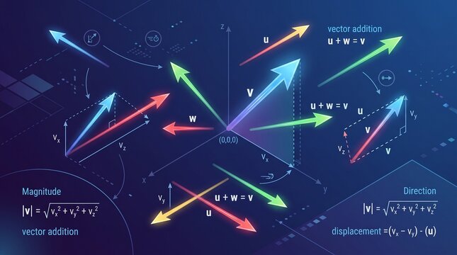 A colorful illustration depicts various vectors and mathematical equations on a blue background with arrows and symbols.