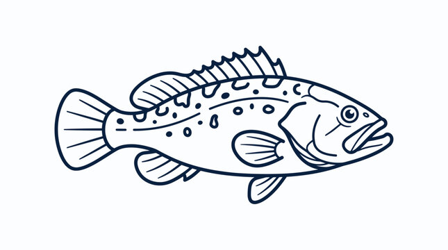 Hand-drawn illustration of a speckled sea bass, line art fish, isolated on white background