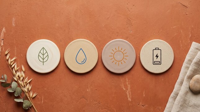 Four ceramic discs with environmental icons arranged on a textured terracotta surface in flat lay style