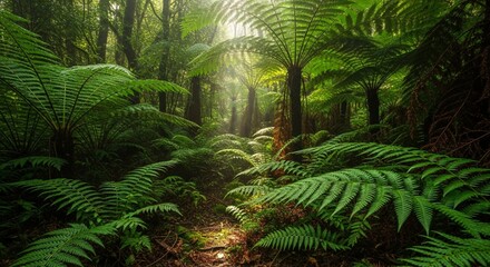 Lush green ferns growing densely under a thick forest canopy © font