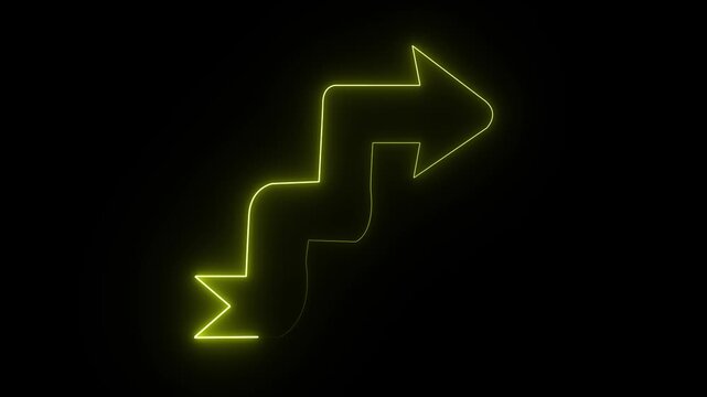 Neon yellow zigzag arrow sign glowing on black background, directional motion light