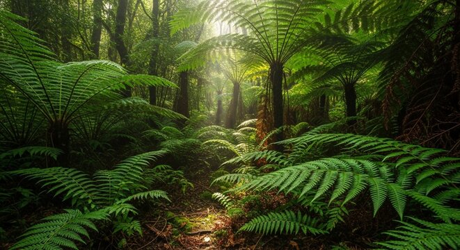 Lush green ferns growing densely under a thick forest canopy